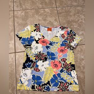 hearts of palm Blue Coral Yellow Floral V-Neck Short Sleeve Tee